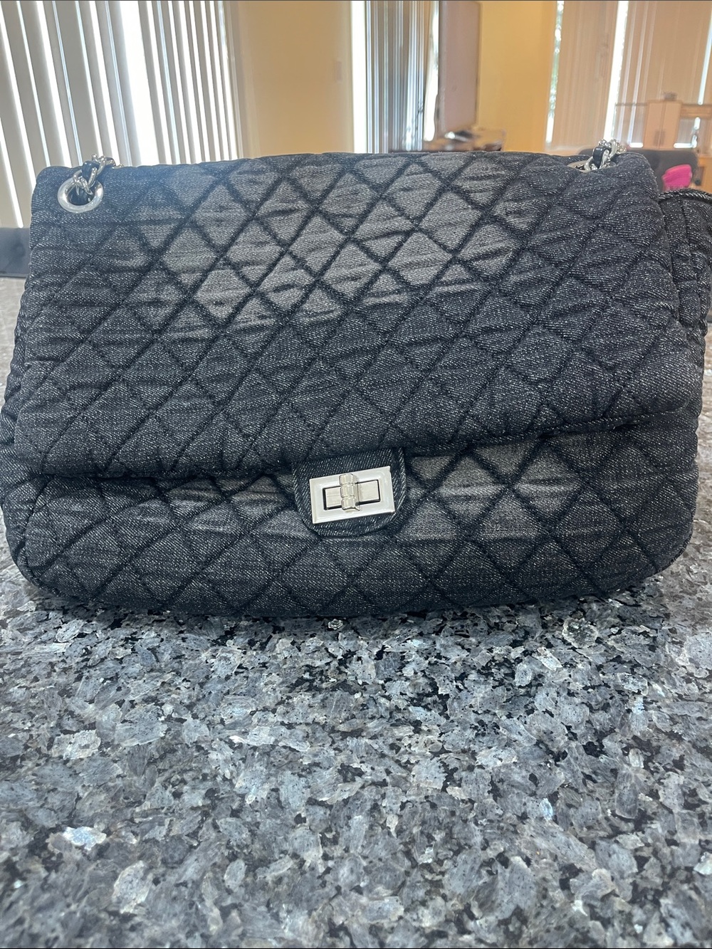 Quilted Denim Purse, Shoulder Bag and Crossbody Flap Tote Bag,Silver Chain